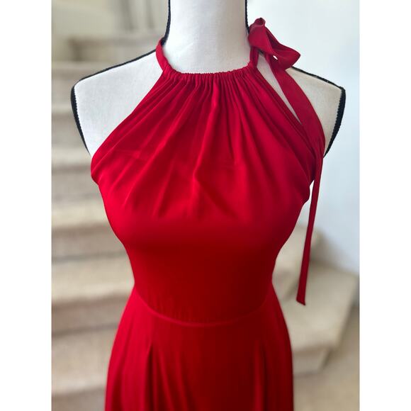 L'Agence Red Silk Halter Tie Neck Fit & Flare Dress - Picture 2 of 9